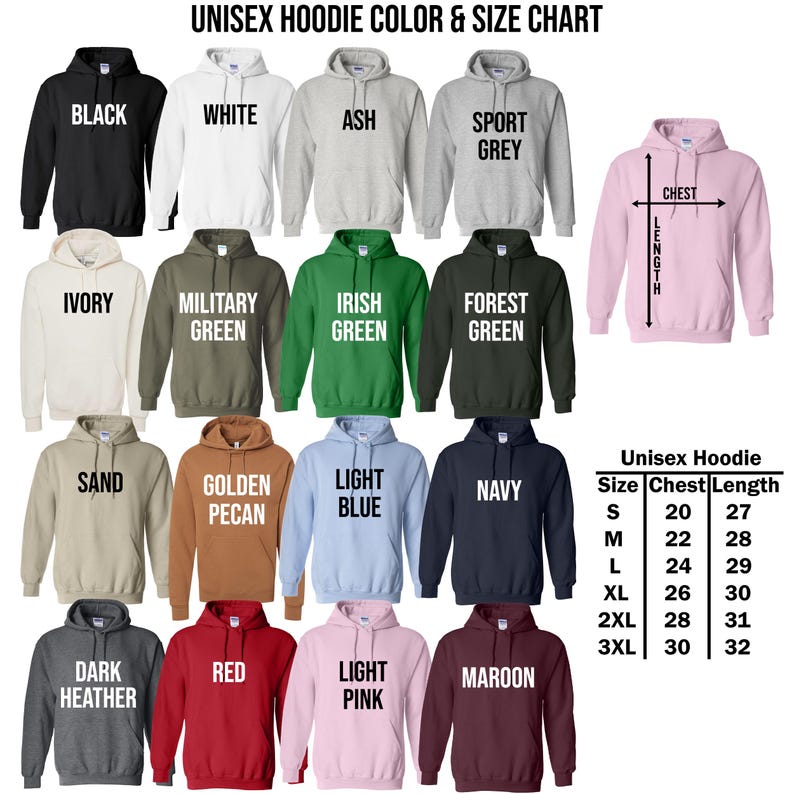 a collection of unisex hoodie designs, each with a different color and size, arranged in a grid format.