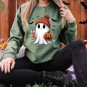 Sudadera con capucha de fantasma, divertida y espeluznante, cuello redondo de Halloween para mujer, sudadera de fantasma de Halloween, sudadera acogedora con capucha de temporada espeluznante, suéter Boo