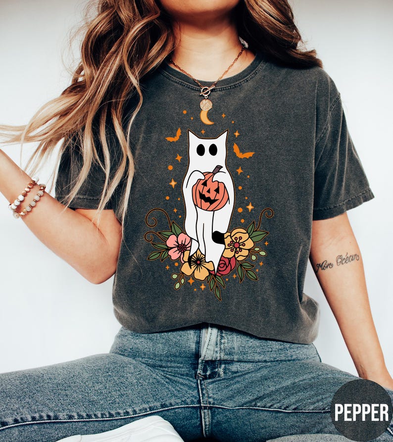 Floral Ghost Cat Shirt, Comfort Colors Halloween T-Shirt, Cute Floral Ghost Tee, Halloween Cat Tshirt, Spooky Season Crewneck, Cat Lovers image 2