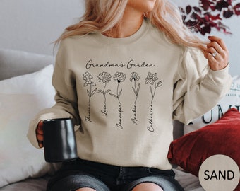 Custom Birth Flower Grandma Sweatshirt With Kids Names, Birthday Month Personalized Grandma Sweater, Mother's Day Shirt, Grandma's Garden