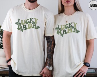 Retro St Patricks Day Shirt Comfort Colors Lucky Mama Tshirt Lucky Dada Crewneck Saint Patricks Day Gift Matching Family Tee for Mom and Dad