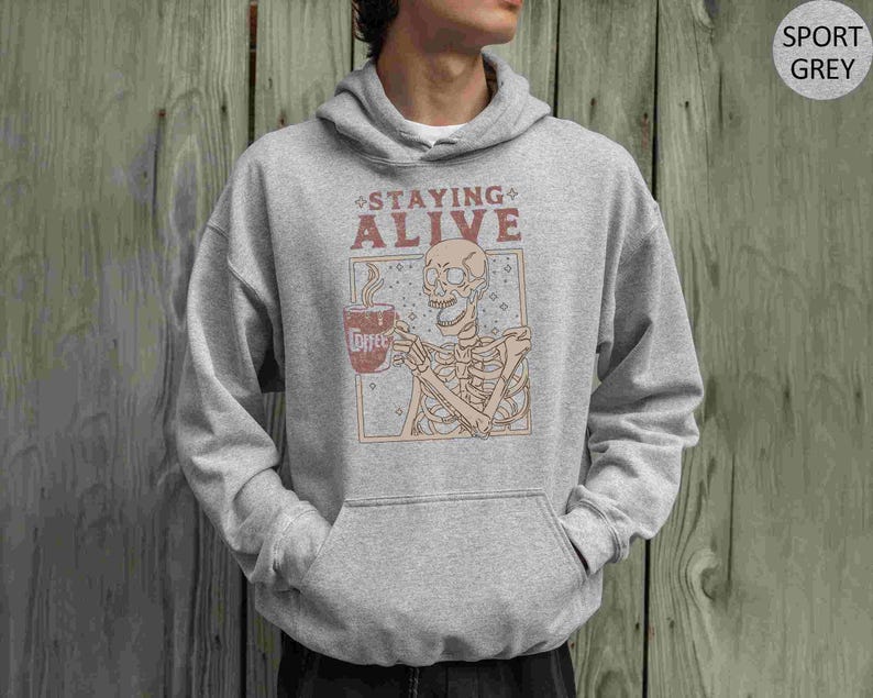 Staying Alive Sweatshirt Trendy Coffee Sweater Funny Skeleton Sweatshirt Retro Coffee Lovers Gift Skull retro Hoodie for Women image 7