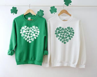 Lucky Shamrock Heart Sweatshirt, St Patrick's Day Hoodie, Saint Patricks Day Gift, Irish Sweater, St Paddys Day Clover Crewneck for Women