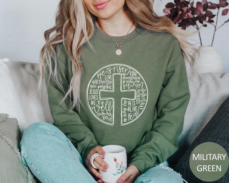 He Is Risen Sweatshirt, Easter Sweatshirt, Cross With Words Sweater, Jesus Lover Hoodie, Christian Cross Bible Verse Crewneck Sweatshirt image 7