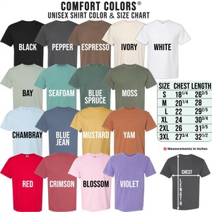 a variety of unisex t-shirt colors and sizes, including black, pepper, espresso, white, and other shades. The image also includes a size chart for the different t-shirt sizes, providing measurements for chest length, waist, and height.