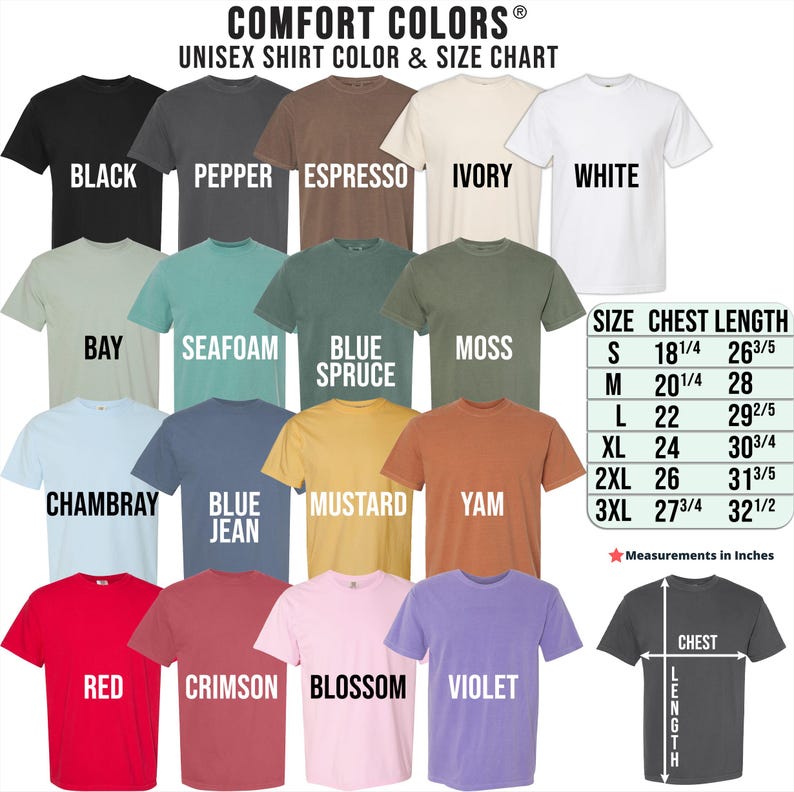 a variety of unisex t-shirt colors and sizes, including black, pepper, espresso, white, and other shades. The image also includes a size chart for the different t-shirt sizes, providing measurements for chest length, waist, and height.