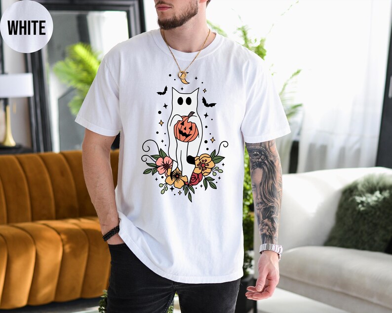 Floral Ghost Cat Shirt, Comfort Colors Halloween T-Shirt, Cute Floral Ghost Tee, Halloween Cat Tshirt, Spooky Season Crewneck, Cat Lovers image 5