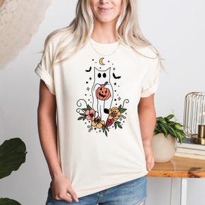 Floral Ghost Cat Shirt, Comfort Colors Halloween T-Shirt, Cute Floral Ghost Tee, Halloween Cat Tshirt, Spooky Season Crewneck, Cat Lovers image 1