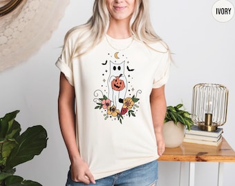 Floral Ghost Cat Shirt, Comfort Colors Halloween T-Shirt, Cute Floral Ghost Tee, Halloween Cat Tshirt, Spooky Season Crewneck, Cat Lovers