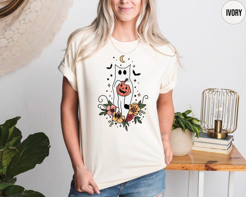 Floral Ghost Cat Shirt, Comfort Colors Halloween T-Shirt, Cute Floral Ghost Tee, Halloween Cat Tshirt, Spooky Season Crewneck, Cat Lovers image 1
