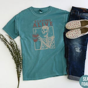 Staying Alive Shirt, Trendy Coffee Shirt, Funny Skeleton T-Shirt, Coffee Lovers Gift Skull retro Halloween Tshirt Women Comfort Colors Tee image 2