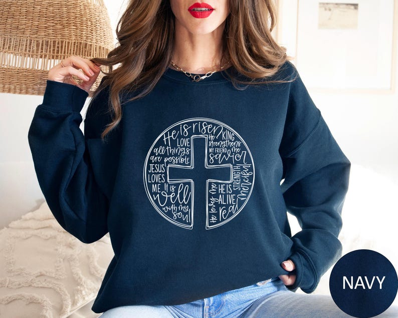 He Is Risen Sweatshirt, Easter Sweatshirt, Cross With Words Sweater, Jesus Lover Hoodie, Christian Cross Bible Verse Crewneck Sweatshirt image 8