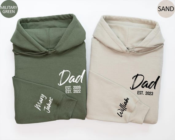 Personalized Dad Hoodie Custom Dad Est Sweater with kids names on sleeve Fathers Day Gift for Dad Established New Daddy Sweatshirt Dad Gift