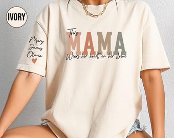 Comfort Colors® Custom This Mama Wears Her Heart On Her Sleeve Shirt, Personalized Mom Shirt With Kids Names, Mom Tshirt, Mothers Day Gift