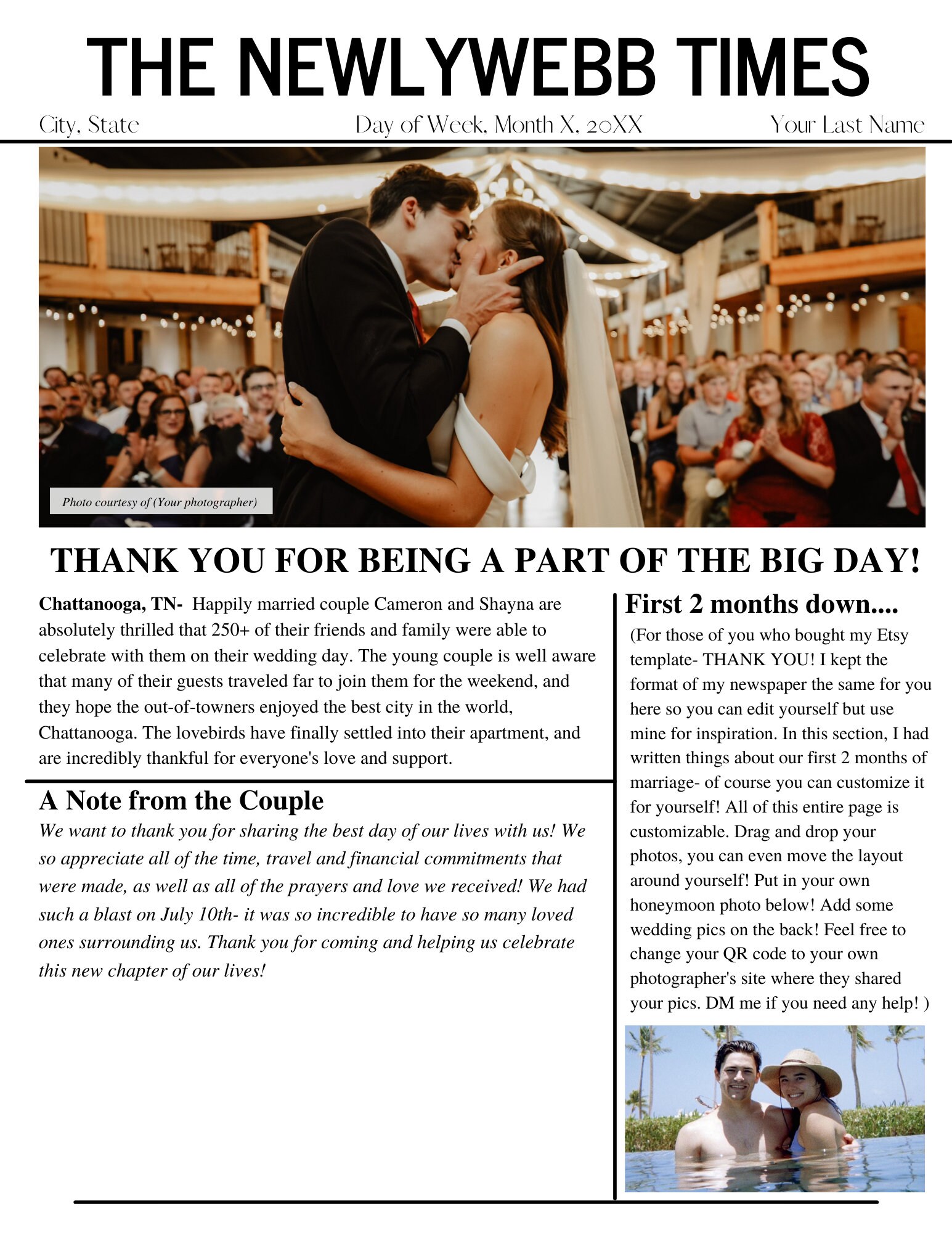 1 Page Wedding Thank You Newspaper Canva Editable Template Instant