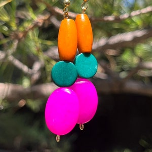 Orange, teal, pink dangle earrings
