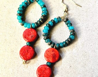 Bold Turquoise & Red Earrings, Statement Handmade Jewelry,