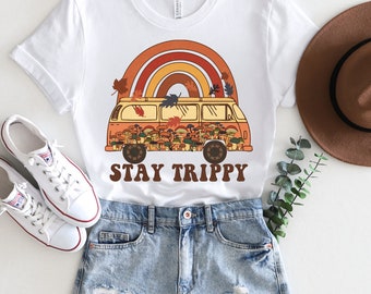 Stay Trippy T-Shirt, Autumn Girls Top, Autumn Gift For Her, Womens Vintage Graphic Tee, Retro Hippie Bus T-Shirt