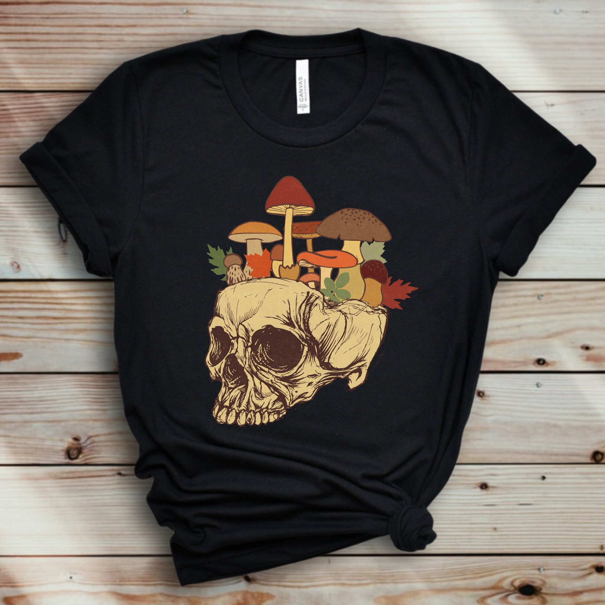 Mushroom Skull Shirt, Cottagecore Shirt, Autumn Mushroom Top, Womens Retro Graphic Tee, Vintage Skull Top, Hippie Skull Tee