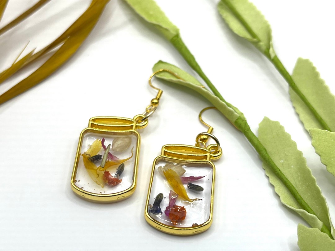 Mason Jar Earrings Real Flower Resin Earrings Gifts for Her Etsy