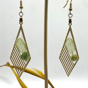 Natural Green And Gold Earrings, Geometric Shape Earrings, Gifts for Her, Real Flower Earrings