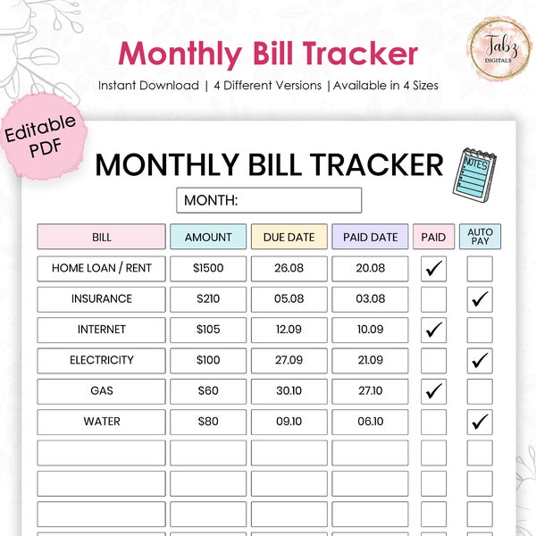 Monthly Bill Tracker Printable, Monthly Bill Planner, Editable Bill Payment Tracker, Bill Payment Checklist, Expense Tracker by TabzDigitals
