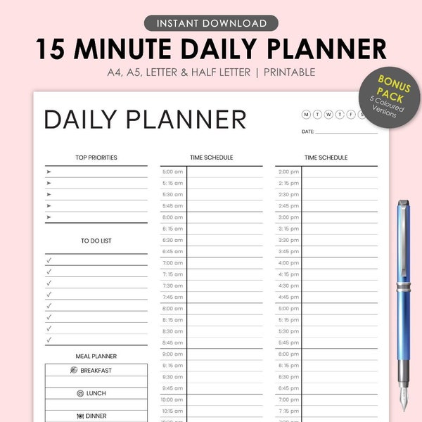 15 Minutes Planner, Daily Meal Planner, Time Block Printable, Daily to do list, Downloadable Planner by TabzDigitals