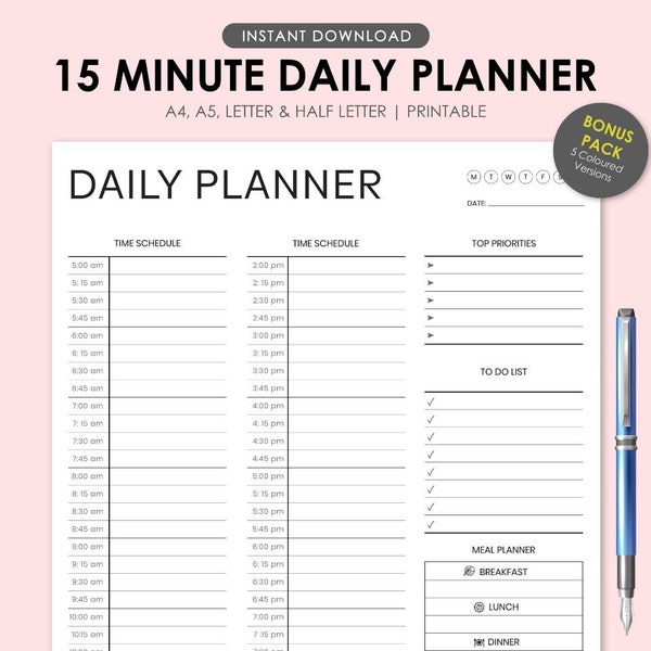 15 Minute Planner, Meal Planner Printable, Daily Planner Printable, Digital Time Block Printable in A4/A5/Letter/Half Letter by TabzDigitals