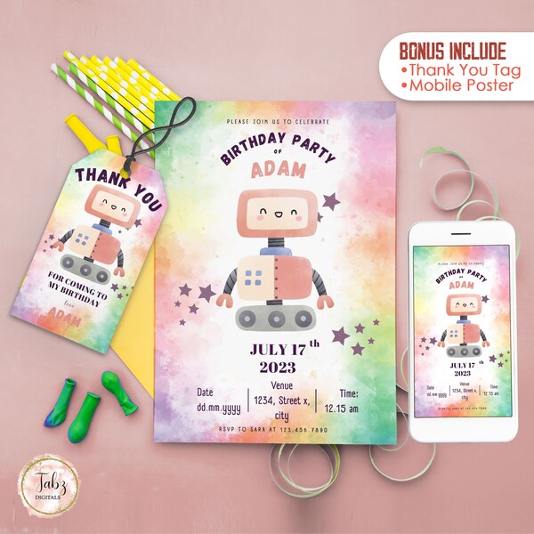 Robot Birthday Invitation, Rainbow Boy Birthday Robot Party Decor, Canva Template with Thank You Tags, Mobile Invitation By Tabz Digitals