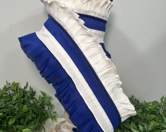 4 Inch Blue and White Striped Ribbon, d. Stevens Wired Ruffle Ribbon, Nautical Home Decor, Patriotic Ribbon Roll, Wreath Accent Trim