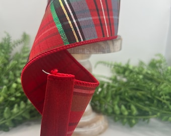 Luxury Christmas Plaid Wired Ribbon, Deluxe Red Tartan Dupioni Ribbon for Wreath Bows, Christmas Tree Decor, Bow Ribbon, Reliant Ribbon