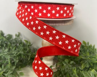 1 Inch Farrisilk Red White Star Wired Accent Ribbon for Patriotic Wreaths, Bows, Crafts, Fourth of July Decor, Americana, DIY Projects