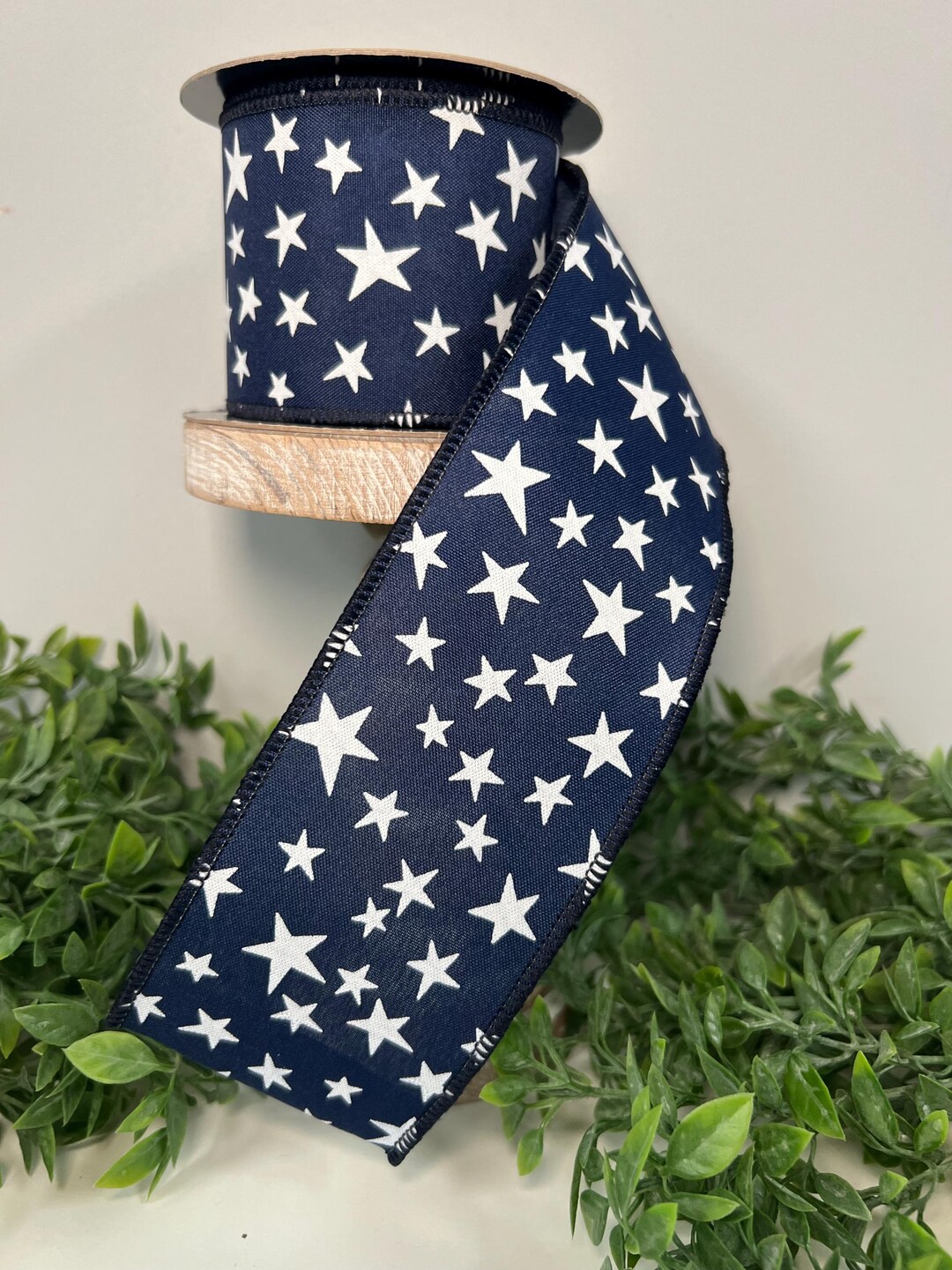 Jj Ribbons Navy Star Ribbon 2.5 Inch Wire, White Star Patriotic Ribbon, Americana ...