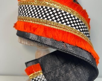 4 Inch D. Stevens Designer Ribbon, Orange Fringe Black Dupioni Wired Ribbon with Check Center and Gold Trim,Halloween Bow Ribbon, Luxe Craft