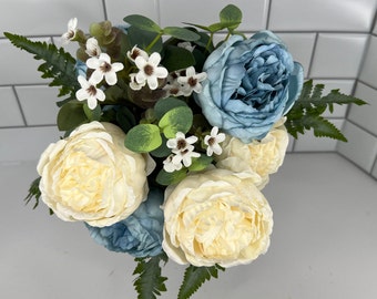 16"L Cabbage Rose/Eucalyptus Bush, Cream and blue florals, Cream Cabbage Roses, Mixed greenery, Spring Floral, Summer floral bush
