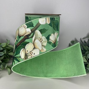 4 Inch Green Floral Ribbon – D. Stevens Wired Magnolia Print Trim for Spring Wreaths, Bows, Elegant Decor, Garden and Southern Style