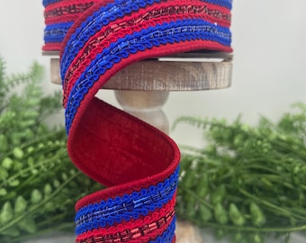Luxury Patriotic Wired Ribbon, Deluxe Red Royal Blue Ribbon for Wreath Bows, Americana Home Decor, Patriotic Tree Bow Ribbon Reliant Ribbon