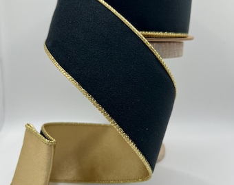 2.5" Black Velvet Ribbon with Gold Backing, Double Sided Wired LA Ribbon, Designer Luxury Ribbon for Wreaths, Bows and Holiday Decor,