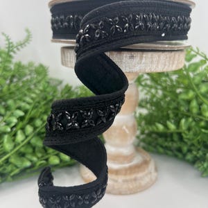 Luxury Farrisilk Black Velvet Ribbon with Black Gems 1 Inch x 5 Yards, Deluxe Halloween Bow Ribbon for Wreaths, Gothic Home Decor HR057-92
