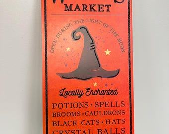 Witches Market Halloween Sign, Witch Hat Potion Shop Decor, Spooky Wall Sign for Halloween, Witchy Kitchen Decor, Rustic Halloween