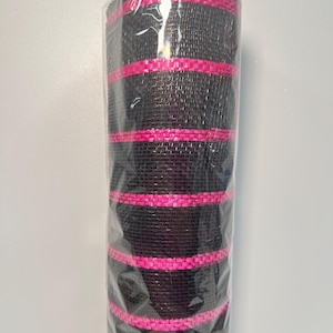Halloween Mesh Ribbon 10&quot;x10yd – Black and Hot Pink Stripe Deco Mesh for Wreaths, Garland, Crafts, Spooky Door Decor, DIY Halloween Supplies