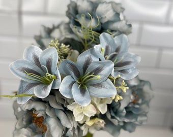 19"L  Peony/Lily Blue Bush with mixed greenery, Slate Blue Florals, Spring florals, Artificial floral bush, Floral Supply,