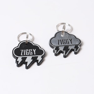 May include: Two silver and black dog tags in the shape of a cloud with lightning bolts. The tags are engraved with the name "Ziggy".