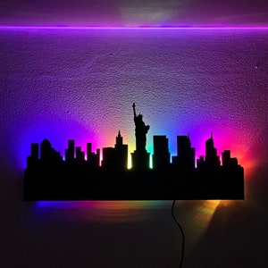 Arte de pared con horizonte iluminado por LED: iluminación Dream Color, hecho a mano, Los Ángeles, Nueva York, Chicago y Cleveland