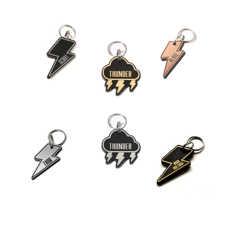 May include: Six different dog tag keychains with black and gold accents. The tags feature lightning bolt and cloud designs with names like "Scout", "Albie", "Thor", "Thunder", and "High Voltage".