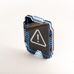 May include: A blue and black plastic case with a warning sign featuring a white exclamation point inside a white triangle.