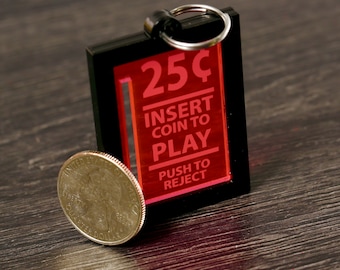 Retro Arcade Keychain - Insert Coin to Play Keychain -  Black light Glow Pendant - UV Reactive Pendant