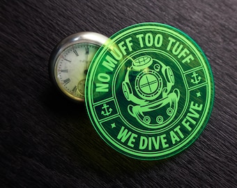 Set of 4 Acrylic Coasters – “No Muff Too Tuff, We Dive at Five” – Humorous Chic Barware Gift