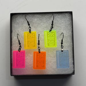 Arcade Earrings- 80s/90s Retro video games: 25c, Insert Coin to Play, Push to Reject, Party!  EDM UV Reactive, Black Light Reactive Earrings
