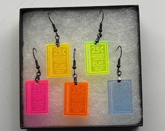 Arcade Earrings- 80s/90s Retro video games: 25c, Insert Coin to Play, Push to Reject, Party!  EDM UV Reactive, Black Light Reactive Earrings